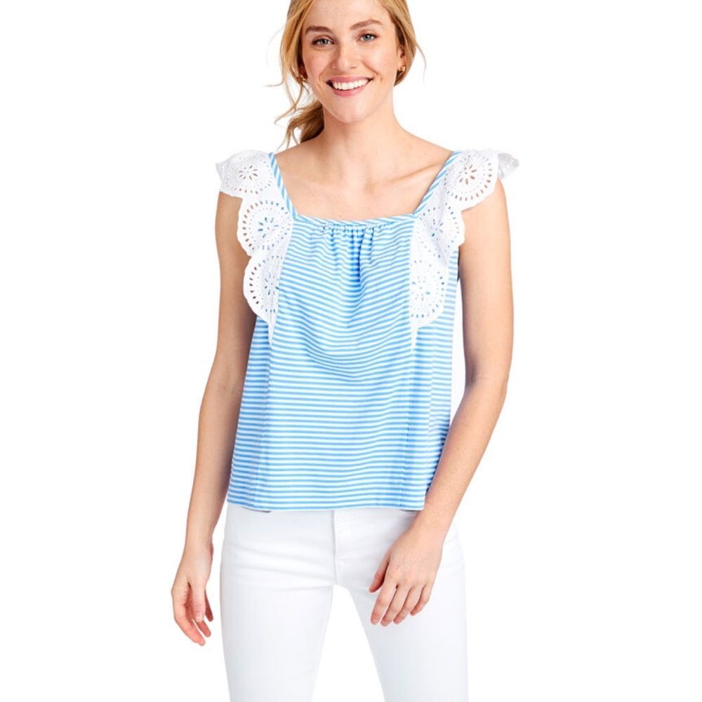 Vineyard Vines Stripe Mixed Media Flutter Sleeve Tank Top Sleeveless Size Large